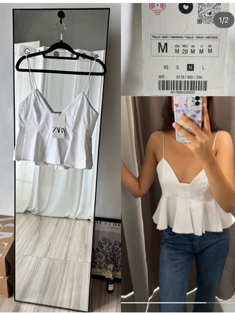 Zara White Spaghetti Strap cropped Peplum Top - Picture 3 of 16